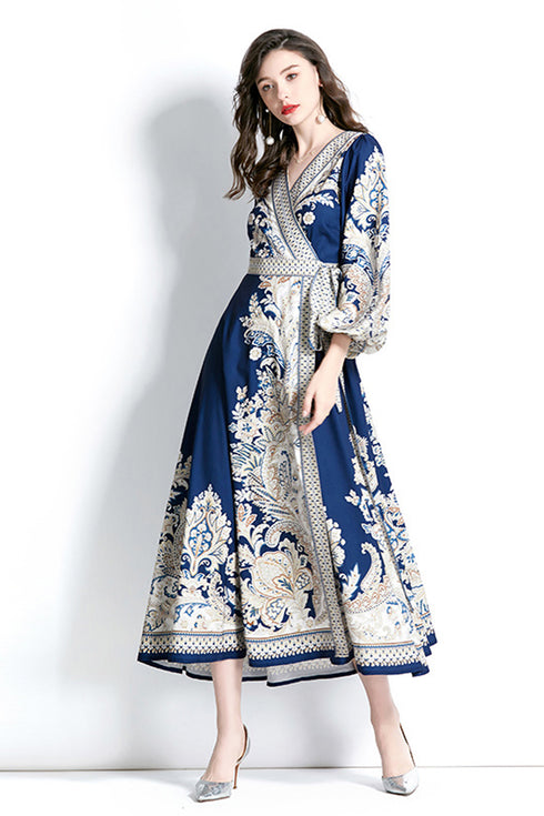 Vibrant & Elegant Women's Wrap V-Neck Long Puff Sleeve Floral Long Modest Maxi Holiday, Party Evening Dress - Blue